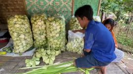 Herdi (38) tampak sibuk menganyam daun kelapa atau janur menjadi cangkang ketupat. Bersama istri dan saudaranya