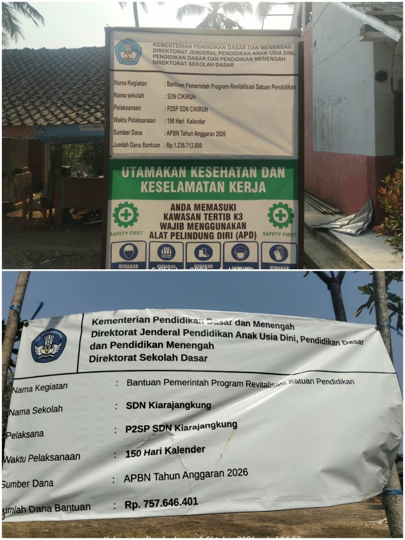Papan Informasi proyek revitalisasi SDN Kiarajangkung dan SDN Cikiruh Kecamatan Cibitung, Kabupaten Pandeglang.