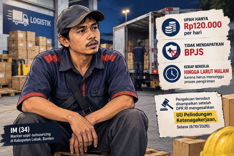 Ilustrasi ChatGPT: Sopir outsourcing di Kabupaten Lebak, Banten, IM (34), mengungkap pengalamannya selama bekerja di perusahaan logistik. Ia mengaku menerima upah sekitar Rp120.000 per hari, tidak mendapatkan BPJS, dan kerap bekerja hingga larut malam karena harus menunggu proses pengiriman. Pengakuan tersebut disampaikan setelah DPR RI mengesahkan UU Pelindungan Ketenagakerjaan pada Selasa (6/10/2026).